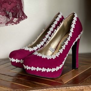 Magenta/ Maroon High Heels w/Floral Lace Detail